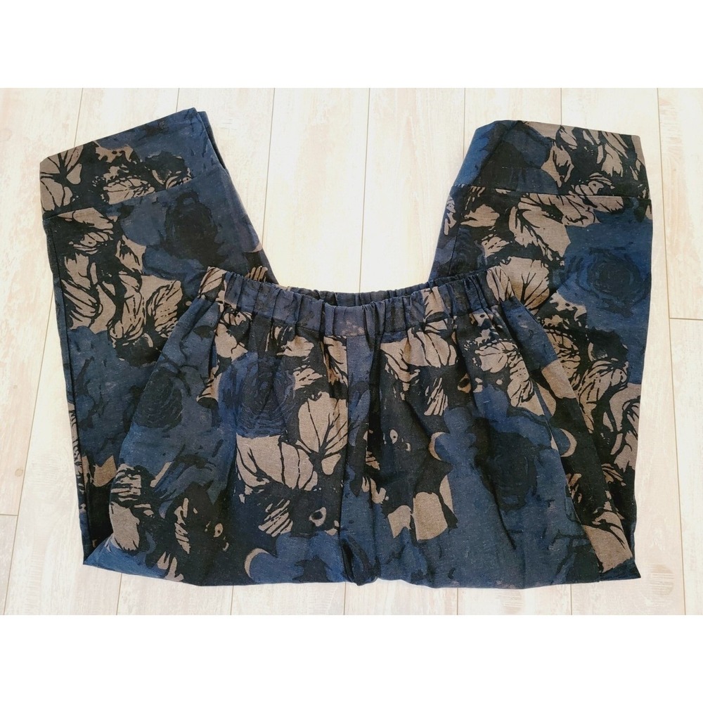 Pantalon XXL Floral Wide Leg Crop Pants Blue Brown Flowy Earthy Boho NWT - Picture 3 of 14